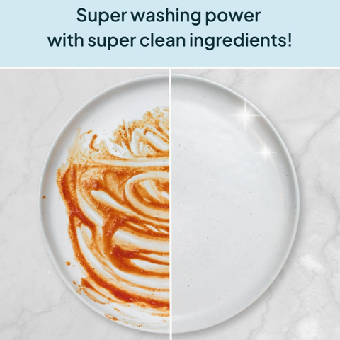 Comparison of a dirty plate with food residue and a clean plate, with text 'Super washing power with super clean ingredients!'.