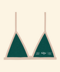 Green bikini top with beige straps on a beige background