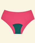 Pink high-waisted underwear with green interior on a beige background