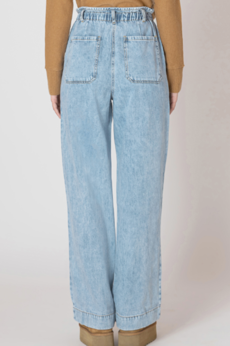 Light blue jeans worn by a person on a plain background