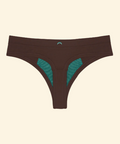 Brown thong with teal accents on a beige background