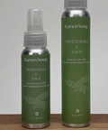 Two green bottles with silver caps labeled 'Raven Soap' on a wooden surface.