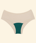 Beige women's underwear with teal interior on a beige background