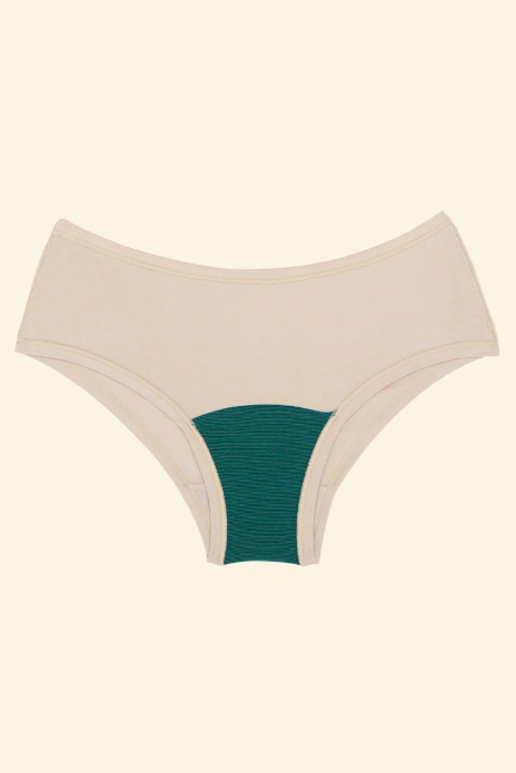 Beige women's underwear with teal interior on a beige background