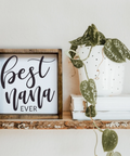 Framed sign with 'Best Nana Ever' text on a shelf with a plant