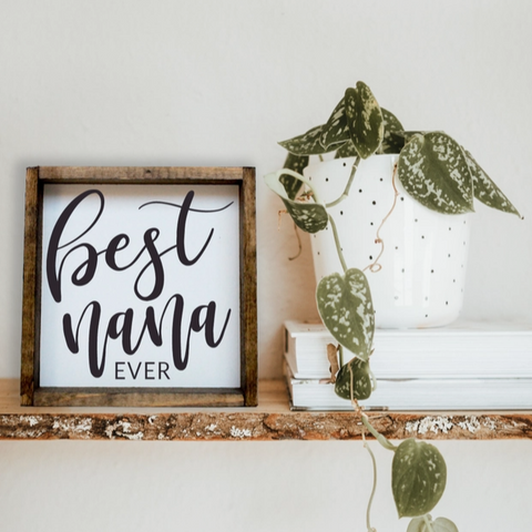 Framed sign with 'Best Nana Ever' text on a shelf with a plant