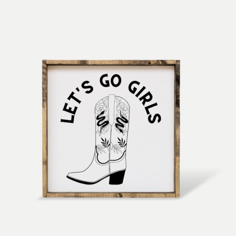 Framed print with cowboy boot design and 'Let's Go Girls' text on a white background