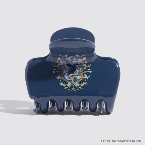 Blue hair clip with a decorative emblem on a light gray background