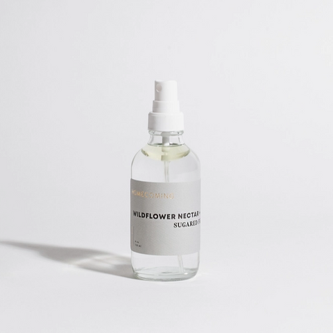 Clear bottle with a white cap labeled 'Wildflower Nectar' on a light gray background