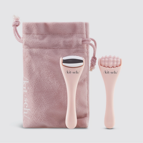 Pink skin care tool set with pouch on a light gray background