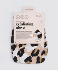 Leopard print exfoliating glove with packaging on a white background