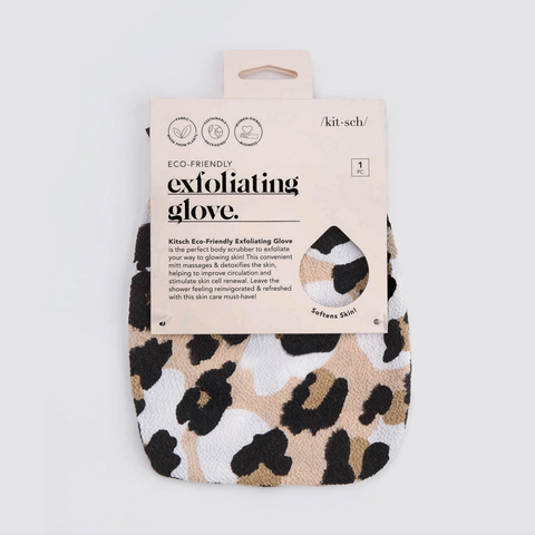 Leopard print exfoliating glove with packaging on a white background