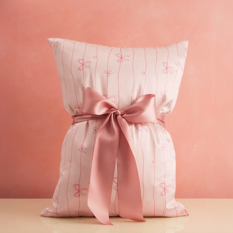 Decorative pillow with pink ribbon on a pink background