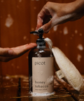 Person holding a bottle labeled 'picot honey tobacco' with a wooden background