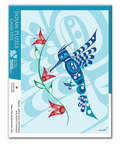 Jigsaw puzzle packaging with a blue hummingbird and red flowers on a light blue background