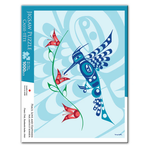 Jigsaw puzzle packaging with a blue hummingbird and red flowers on a light blue background