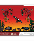 Jigsaw puzzle packaging with a red background and nature-themed design