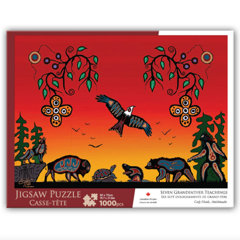 Jigsaw puzzle packaging with a red background and nature-themed design