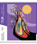 Jigsaw puzzle box with a colorful design of a family and tree on a purple background