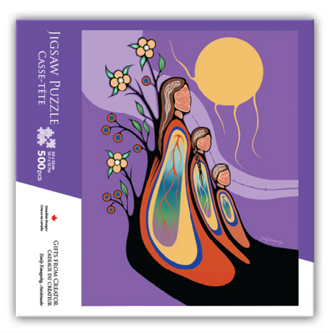 Jigsaw puzzle box with a colorful design of a family and tree on a purple background