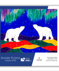 Jigsaw puzzle packaging with two polar bears and a colorful sky