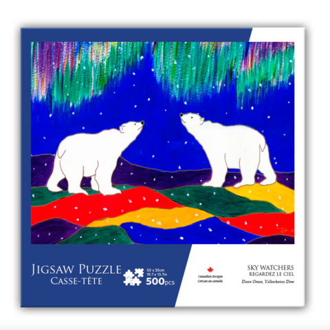 Jigsaw puzzle packaging with two polar bears and a colorful sky