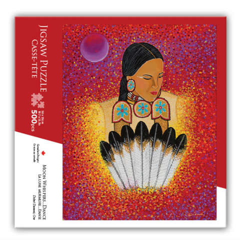 Jigsaw puzzle box with a colorful design of a woman holding feathers against a red background.
