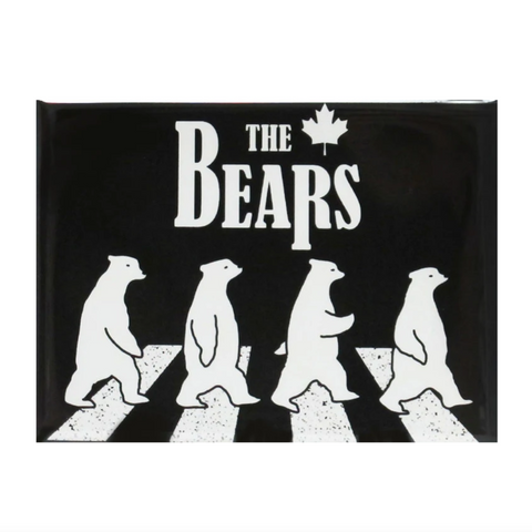 Stylized image of bears crossing a road with 'The Bears' text and a maple leaf symbol on a black background.