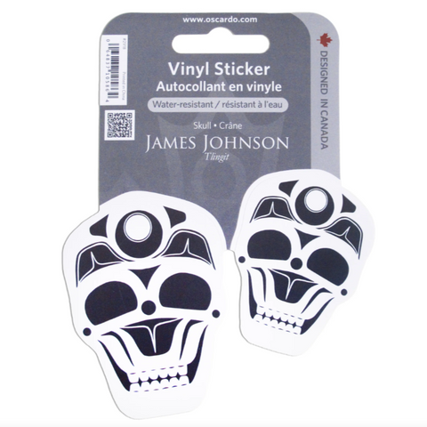 Skull-shaped vinyl stickers with packaging on a white background