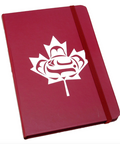 Red notebook with a white maple leaf design on a white background