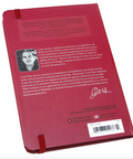 Red notebook with a barcode and text on a white background