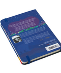 Blue notebook with text and a barcode on a white background