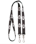Black lanyard with white skull patterns on a white background