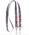 Floral patterned lanyard with metal clasps on a white background