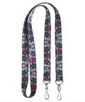 Colorful patterned lanyard with metal hooks on a white background