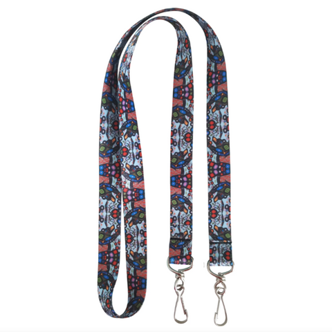 Colorful patterned lanyard with metal hooks on a white background