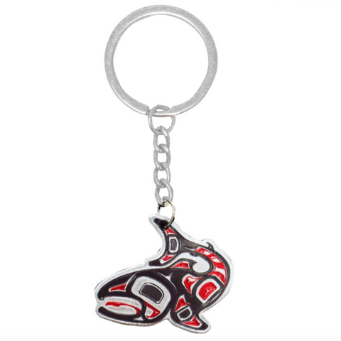 Metallic keychain with a design on a white background