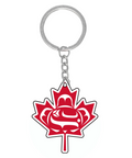 Keychain with red maple leaf design on a white background