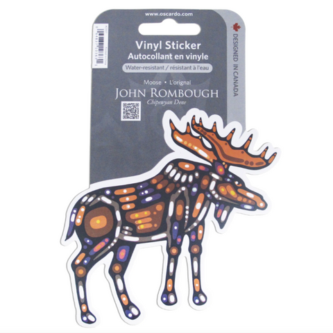 Vinyl sticker of a moose design on a gray backing card with 'John Rombough' branding.