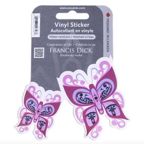Pink butterfly vinyl stickers on a card with 'Francis Dick' branding.