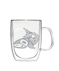 Clear glass mug with a handle featuring a wolf design on a white background