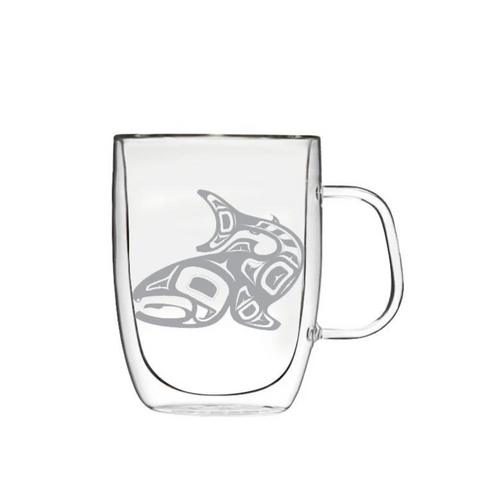 Clear glass mug with a handle featuring a wolf design on a white background