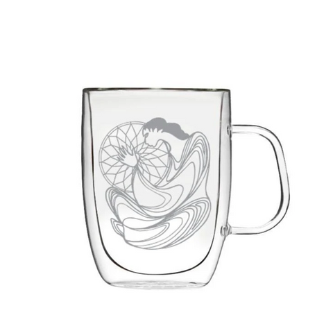 Clear glass mug with handle on a white background