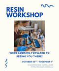 Resin workshop flyer with a person working on a craft project, text inviting attendees, and contact information.