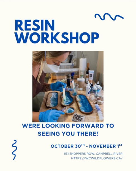 Resin workshop flyer with a person working on a craft project, text inviting attendees, and contact information.