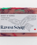 Handcrafted artisan soap bar with 'Raven Song' branding on a white background