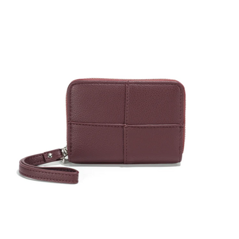 Brown wallet with strap on a white background, accompanied by product images and specifications.