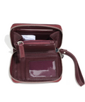 Open burgundy wallet with visible interior on a white background, featuring a recycling logo and text.