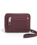 Maroon wallet with strap on a white background, featuring a recycling logo and 'vegan leather' text.