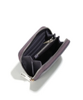 Purple wallet with open compartment on a white background